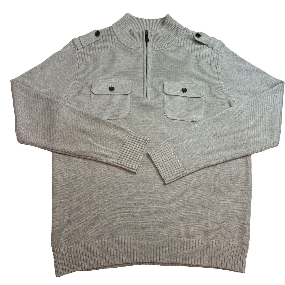 Sweater Apt. 9 Light Taupe Gray Tight Knit Quarter Zip Pockets Mens Large